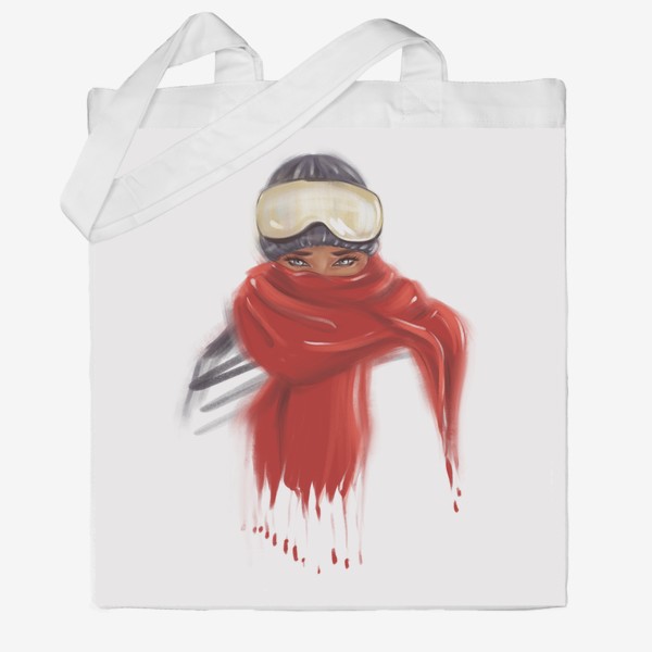 Сумка хб &laquo;Зимний принт девушка в красном шарфе и защитных очках сноубордиста&raquo;