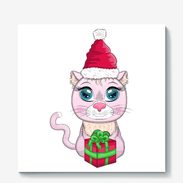 Холст «Символ 2023 Нового года, кот в шапке Деда Мороза с подарком»