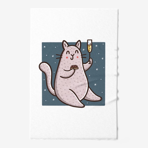 Полотенце «Милый кот с шампанским и бутербродом с икрой. Новый год 2023»