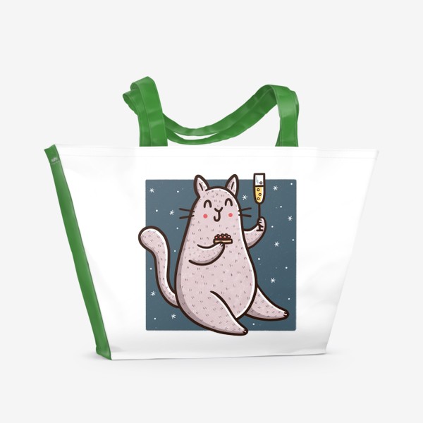 Пляжная сумка «Милый кот с шампанским и бутербродом с икрой. Новый год 2023»
