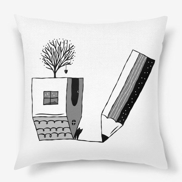 Подушка «Внутренний мир художника в серых тонах, дом, кот, дерево, сердце, карандаш»