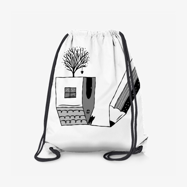 Рюкзак «Внутренний мир художника в серых тонах, дом, кот, дерево, сердце, карандаш»
