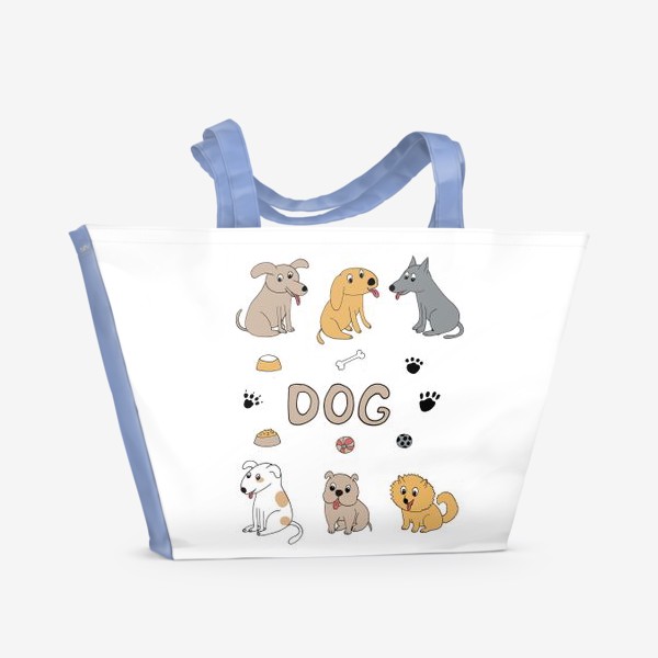 Пляжная сумка «собаки разных пород - бульдог, щпиц, овчарка. принт для любителей собак»