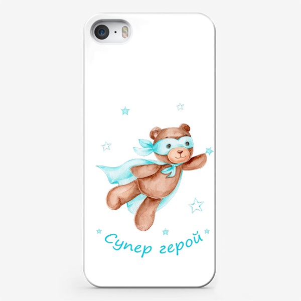 Чехол iPhone «Мишка супер герой летит среди звезд»