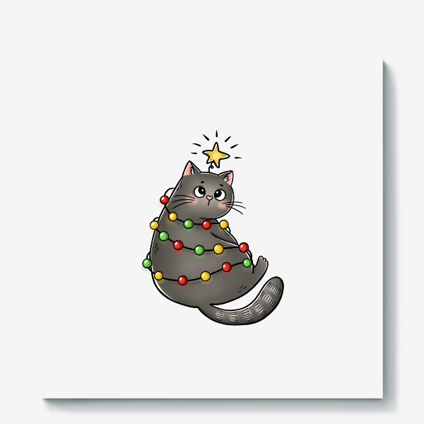 Холст «Котик новогодний в гирлянде»