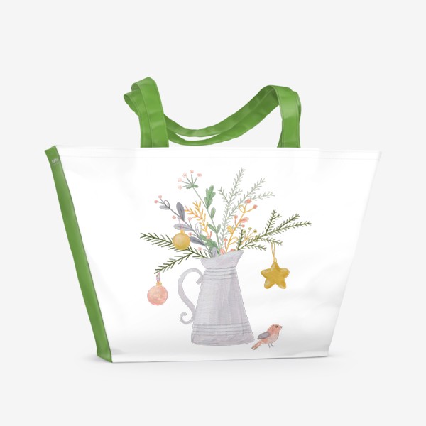 Пляжная сумка «Нарисованный вручную новогодний букет с еловыми ветками и птичкой.»