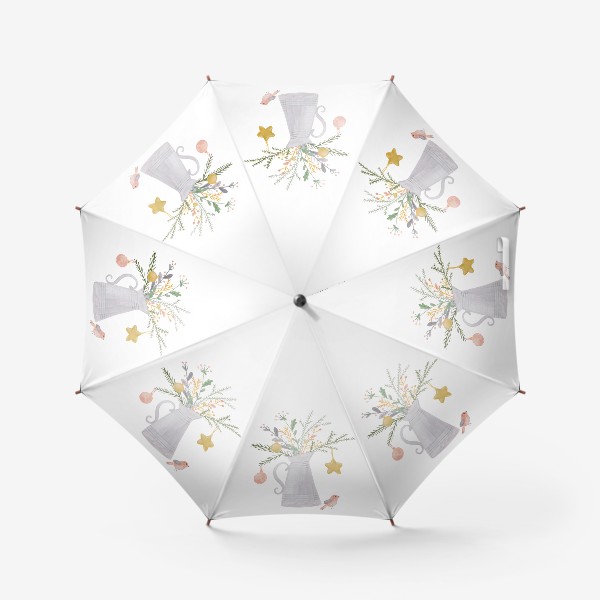 Зонт «Нарисованный вручную новогодний букет с еловыми ветками и птичкой.»