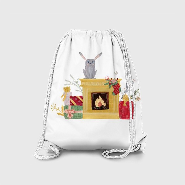 Рюкзак «Смешной новогодний кролик сидящий на камине. Символ 2023 года. Нарисованная вручную иллюстрация.»