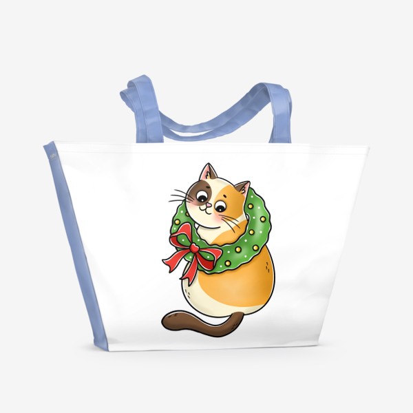Пляжная сумка «Котик новогодний с венком»