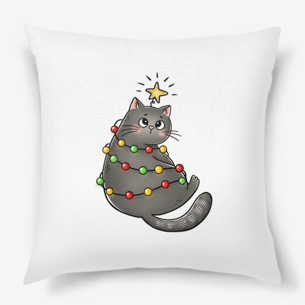 Подушка «Котик новогодний в гирлянде»