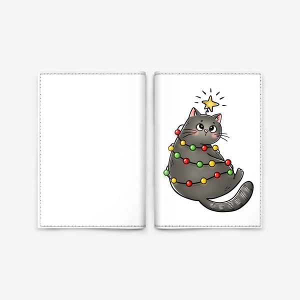 Обложка для паспорта «Котик новогодний в гирлянде»