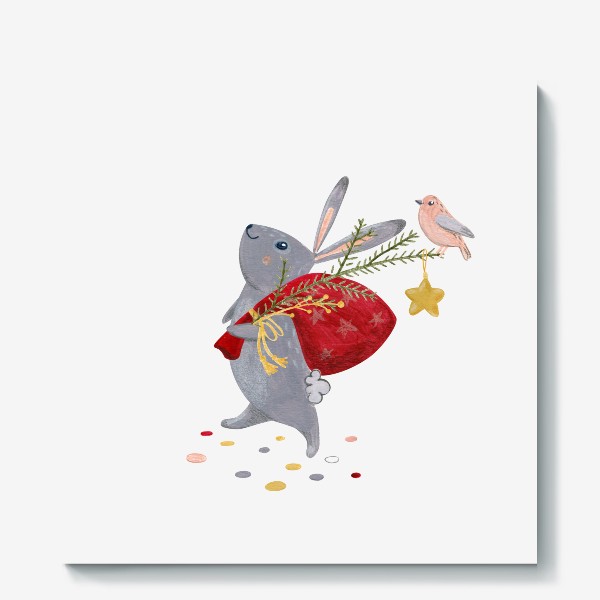 Холст «Смешной новогодний кролик с мешком подарков и птичкой»