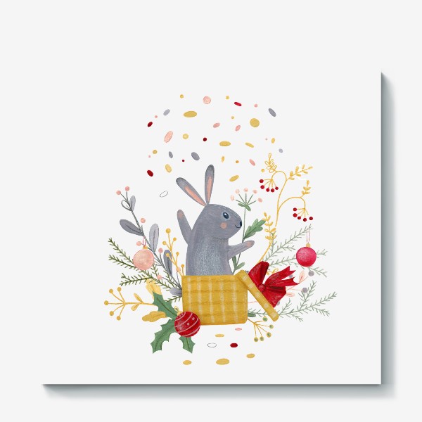 Холст «Новогодний кролик выпрыгивает из подарочной коробки. Символ года 2023»