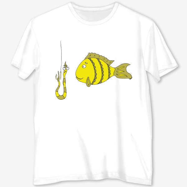 Футболка с полной запечаткой «Желтая рыбка смотрит на червяка. Рыбалка хобби.»
