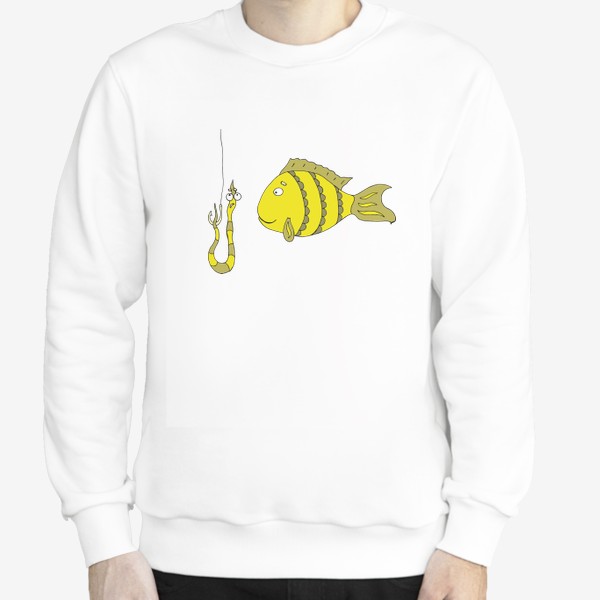 Свитшот «Желтая рыбка смотрит на червяка. Рыбалка хобби.»