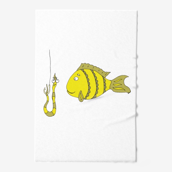 Полотенце «Желтая рыбка смотрит на червяка. Рыбалка хобби.»