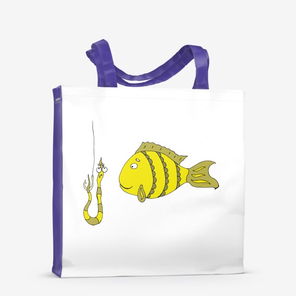 Сумка-шоппер «Желтая рыбка смотрит на червяка. Рыбалка хобби.»