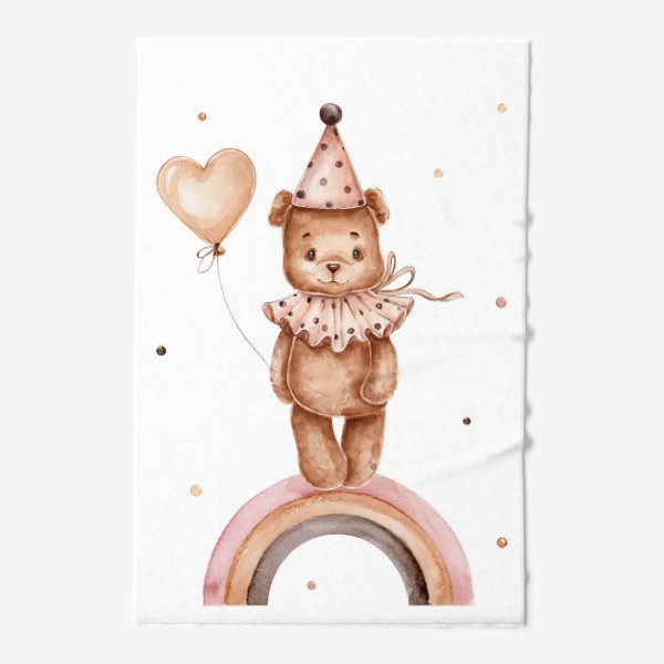 Полотенце «Винтажный мишка в колпаке с воздушным шариком в лапке стоит на радуге»