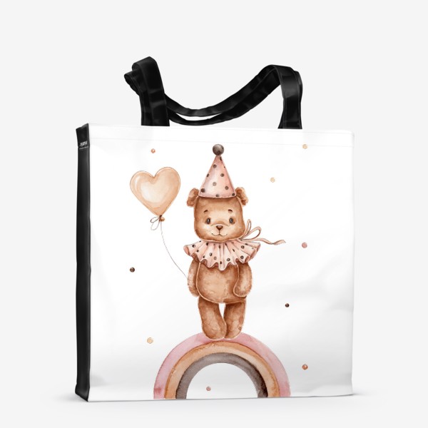 Сумка-шоппер &laquo;Винтажный мишка в колпаке с воздушным шариком в лапке стоит на радуге&raquo;