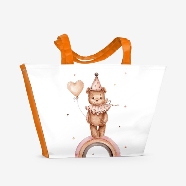Пляжная сумка «Винтажный мишка в колпаке с воздушным шариком в лапке стоит на радуге»