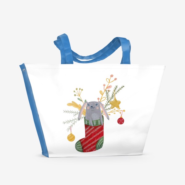 Пляжная сумка «Милый новогодний кролик выглядывает из носка для подарков. Символ года 2023»