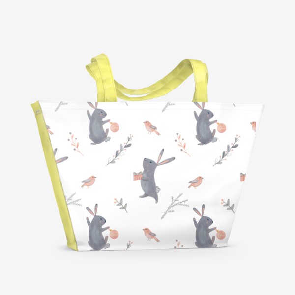 Пляжная сумка «Милый бесшовный паттерн с новогодними кроликами, веточками и подарками»