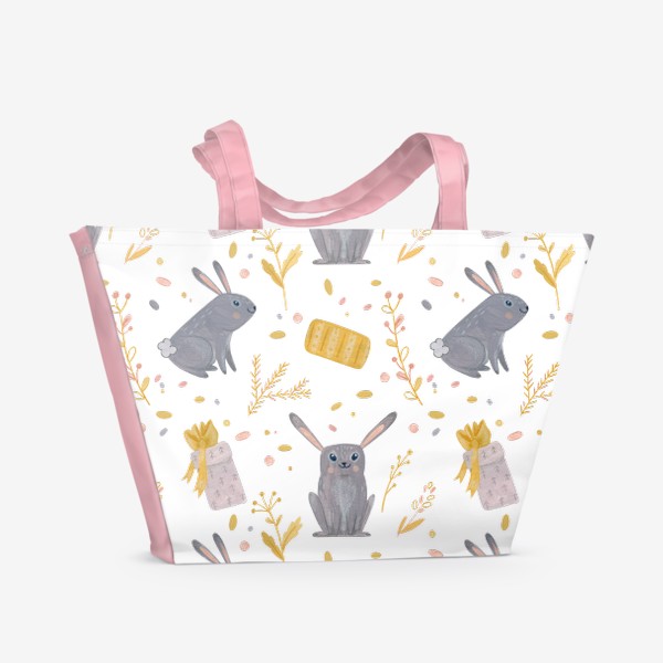 Пляжная сумка «Милый бесшовный паттерн с новогодними кроликами в золотисто-серой гамме. Символ года 2023»