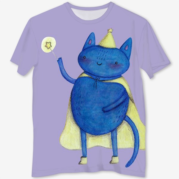 Футболка с полной запечаткой «Символ 2023 - кот. Подарок на Новый год. Кот-волшебник на фиолетовом фоне. Подарок любителю котов и волшебства»