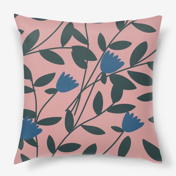 Подушка «Синие цветы на розовом фоне / Blue flowers on pink background»