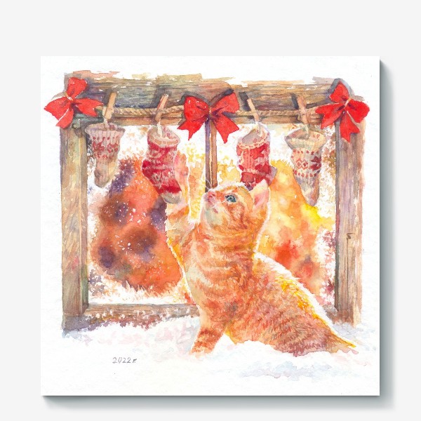 Холст «Котенок рыжий ,новый год , новогодняя ночь ,год кота и кролика »