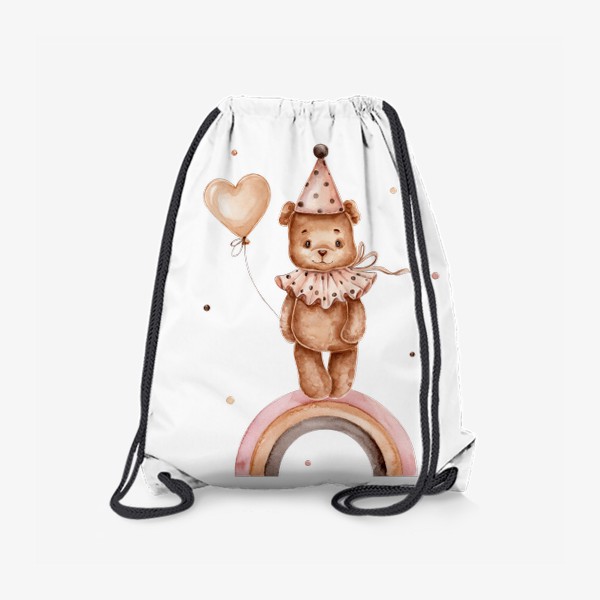 Рюкзак «Винтажный мишка в колпаке с воздушным шариком в лапке стоит на радуге»