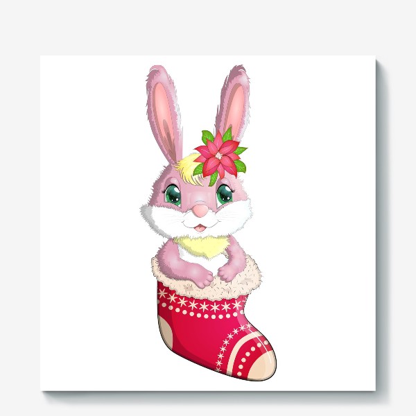 Холст «Кролик розовый девочка в рождественском сапожке. Символ 2023 Нового года»