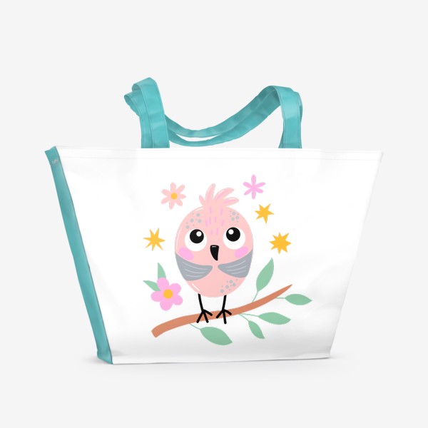 Пляжная сумка «Забавный розовый птенец на ветке»