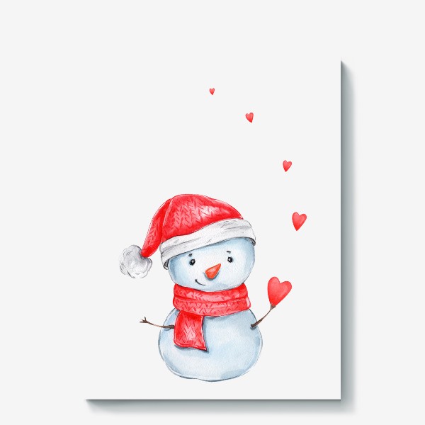 Холст «Снеговик в красной шапке и шарфе с сердечками. Новый 2023 год!»
