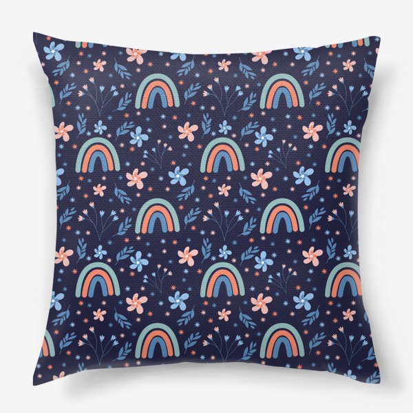 Подушка «Бесшовный паттерн с радугами и цветами на синем фоне»