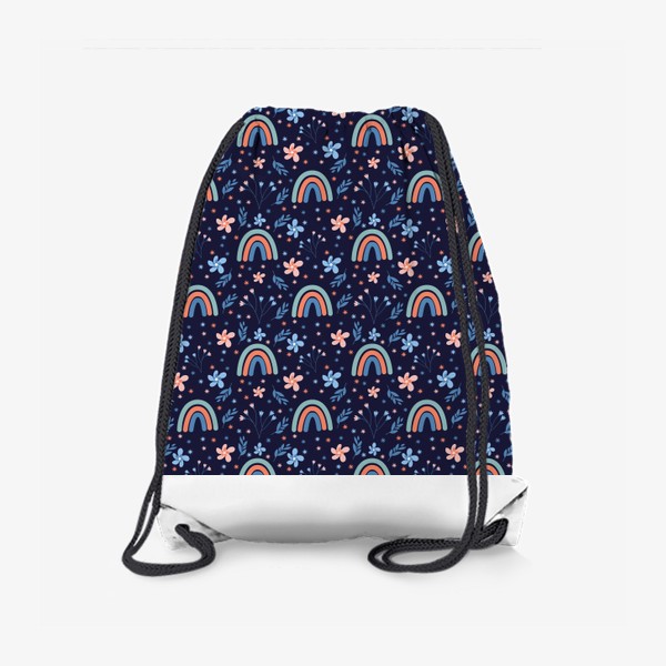 Рюкзак «Бесшовный паттерн с радугами и цветами на синем фоне»