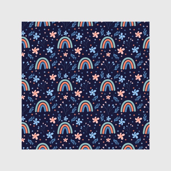 Шторы «Бесшовный паттерн с радугами и цветами на синем фоне»
