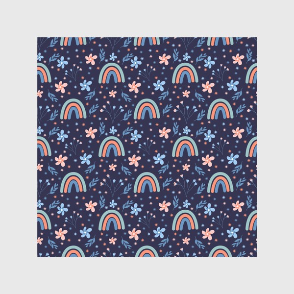 Скатерть «Бесшовный паттерн с радугами и цветами на синем фоне»