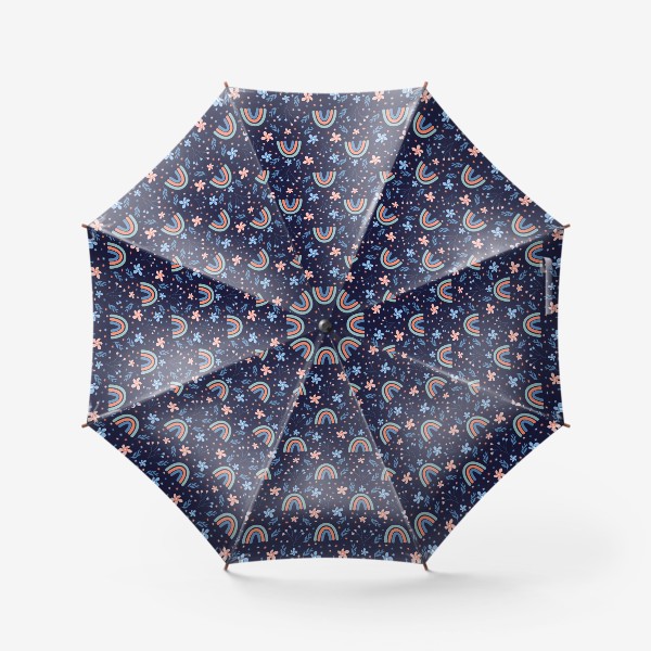 Зонт «Бесшовный паттерн с радугами и цветами на синем фоне»