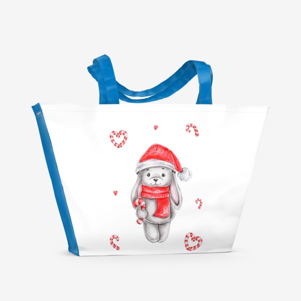 Пляжная сумка «Новогодний зайчик в красной шапке и шарфе с леденцами. Новый 2023 год!»