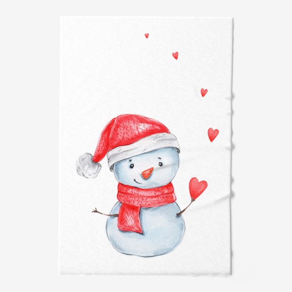 Полотенце «Снеговик в красной шапке и шарфе с сердечками. Новый 2023 год!»
