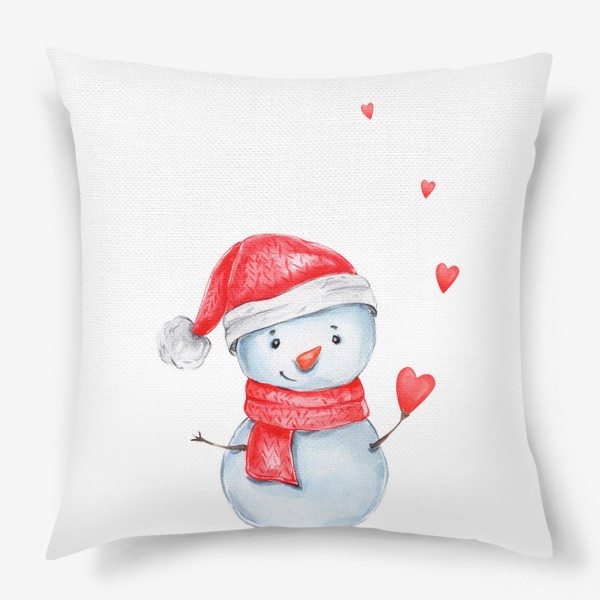 Подушка «Снеговик в красной шапке и шарфе с сердечками. Новый 2023 год!»