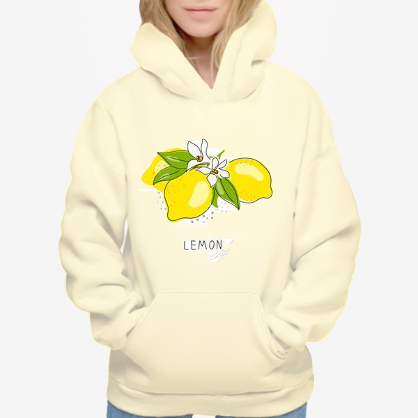 Худи «Рисованный лимон с цветами на белом фоне. Скетч»