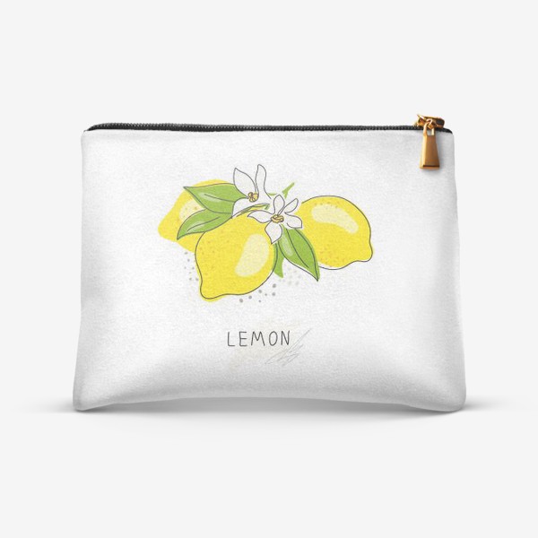 Косметичка &laquo;Рисованный лимон с цветами на белом фоне. Скетч&raquo;