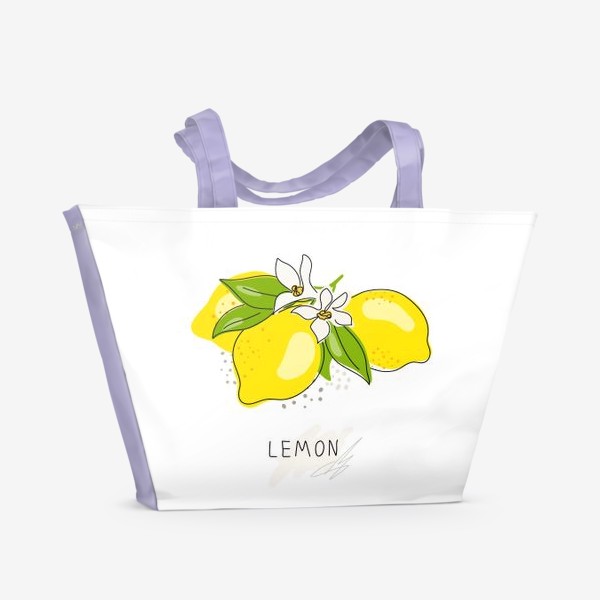 Пляжная сумка «Рисованный лимон с цветами на белом фоне. Скетч»
