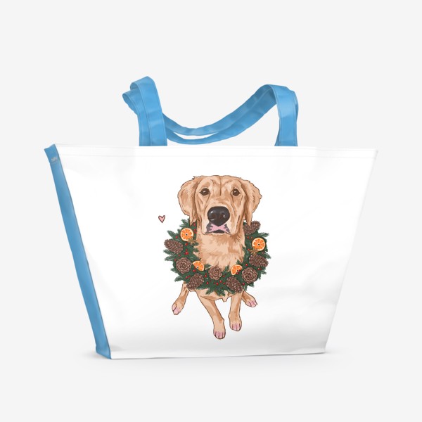 Пляжная сумка «Новый год Собака Ретривер в венке Мандарины»