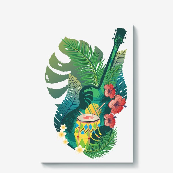 Холст «Ретро акустическая гитара с барабаном и тропическими листьями»
