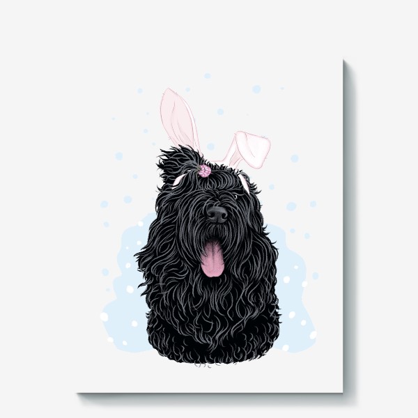 Холст «Русский черный терьер (черныш) с милыми ушками и снегом (кролик, год кролика, символ года)»