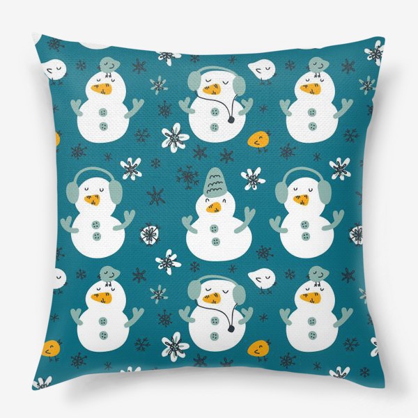 Подушка «Веселые снеговички и птички, синий»