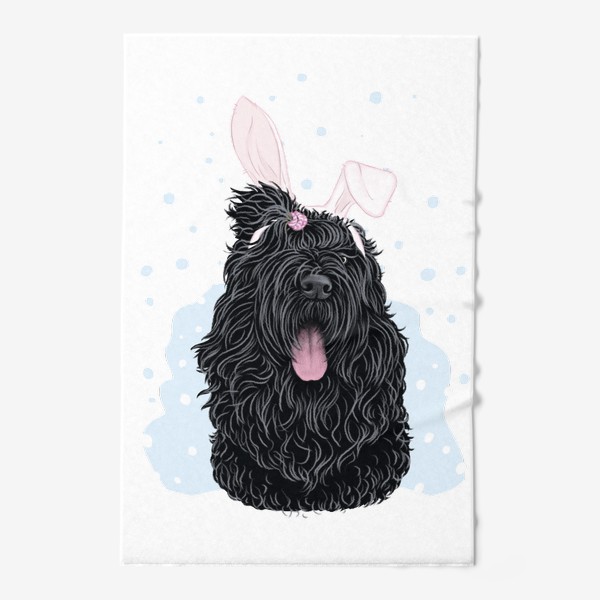 Полотенце «Русский черный терьер (черныш) с милыми ушками и снегом (кролик, год кролика, символ года)»